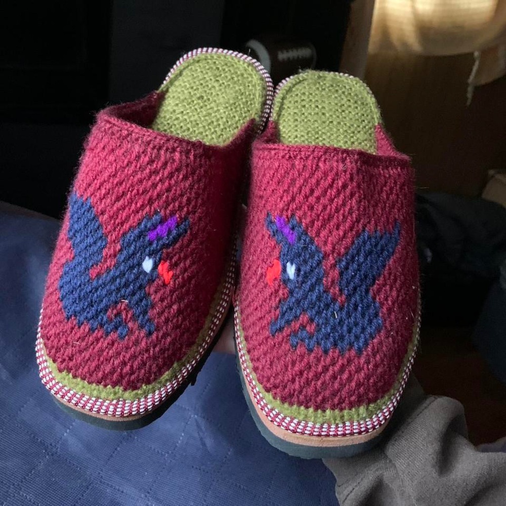 Vintage Handmade Knit Wool Slippers Maroon Green Squirrel Animal